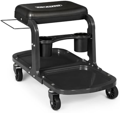 M-AUTO Garage Roller Seat Heavy Duty Rolling Shop Mechanic Creeper/Shop Stool with Tool Tray and Equipment Rack, 300LBS Capacity Creeper Seat with 5 Rollers for Detailing Car, Red by M-AUTO