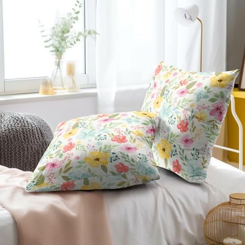 Sweetshow Spring Watercolor Flowers Throw Pillow Covers 22X22 Inches Set of 2 Colorful Floral Green Leaves Pillowcase Soft Cotton Square Seasonal Cushion Covers for Living Room Sofa Bedroom Decor - Image 6