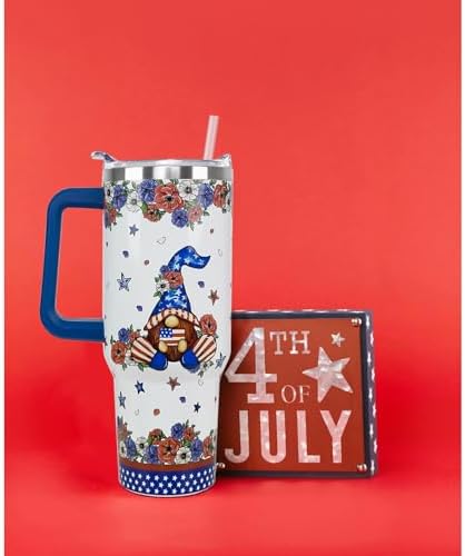 4th of July Tumbler with Handle 40 oz Gnomes Stars Flags Coffee Travel Mug Stainless Steel Poppy Flower Insulated Cups Independence Day Memorial Day Decor Gifts - Image 2