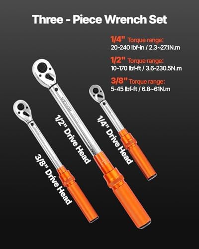 VEVOR 1/4 3/8 1/2 Inch Drive Torque Wrench, 3Pcs Click Torque Wrench Set 20-240IN-LB, 5-45FT-LB, 10-170FT-LB, Dual-Direction Adjustable 72 Tooth for Bicycle, Moto and Car Maintenance - Image 2