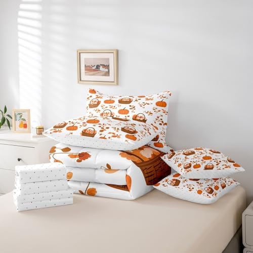 Erosebridal Thanksgiving Fall Harvest Queen Comforter Set 7 Piece,Farm Sunflower Pumpkin Bed in A Bag Rustic Farmhouse Maple Leaf Bedding Set Autumn Orange Brown Sheet Set with Comforter - Image 6