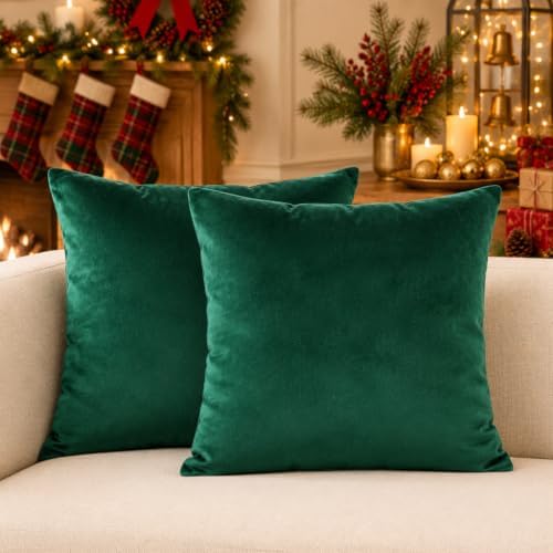 VAKADO Christmas Emerald Green Velvet Throw Pillow Covers 18x18 Set of 2 - Image 2