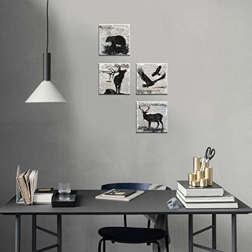 Rustic Animals Office Decor Wildlife Wall Art Canvas Print Eagle Elk Bear Black and White Silhouette Painting Picture Artwork for Living Room Bedroom Home Decoration Ready to Hang 16x16 Inch 4 Panels - Image 5