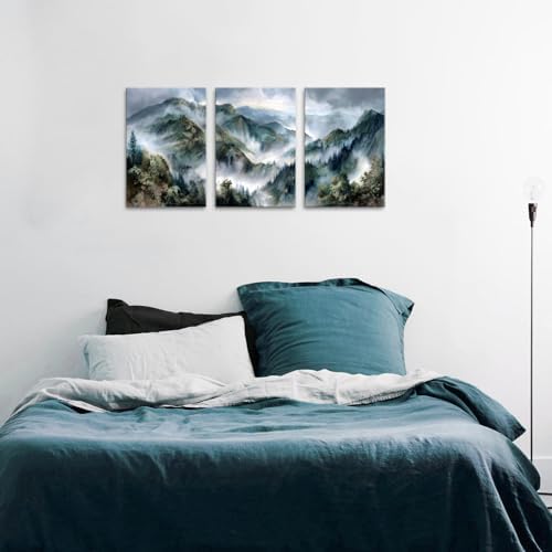 3 Panels Great Smoky Mountain Wall Art Nature Farmhouse Forest Wall Decor for Living Room Misty Trees Scenery Picture Bedroom Vintage Foggy Forest Painting Kitchen Living Room Home Decoration 16x24" - Image 2