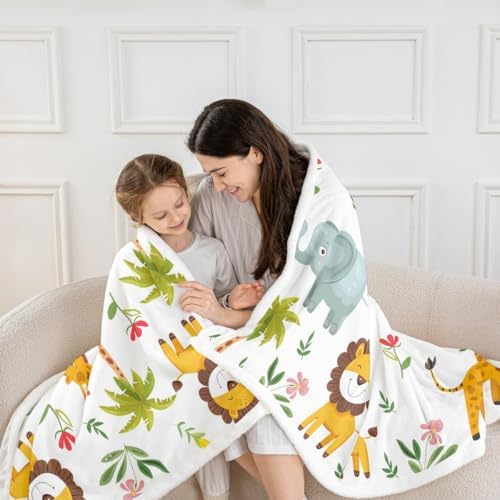Cartoon Lion Giraffe Throw Blanket Cute Zoo Animals Fleece Flannel Blankets Kids Boys Girls Room Decor Lovely Elephants Trees Bed Blankets for Bed Sofa Couch White Orange Plush Blanket Throw 50"x60" - Image 2