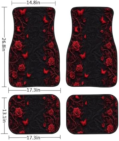 Rose Floral Butterfly Print Car Carpet Floor Mat Gothic Butterflies Rose Flower 4 Piece Universal Fit Heavy Duty Rubber Non-Slip Floor Mats Heel Pad Fit Floor Carpet 2 Row