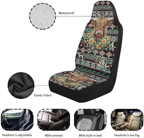 Ethnic Highland Cow Car Seat Covers Waterproof Front Seat Covers Automobile Front Seat Covers Easy to Install Car Interior Automotive Universal Fit Most Cars