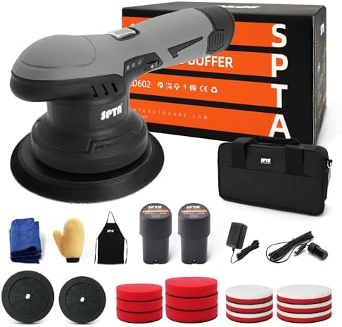 Cordless Car Buffer Polisher, SPTA Polisher with 2Pcs 12V Lithium Rechargeable Battery Brushless Polisher with Variable Speed, Portable Polisher with Polishing Pads Kit For Waxing by SPTA