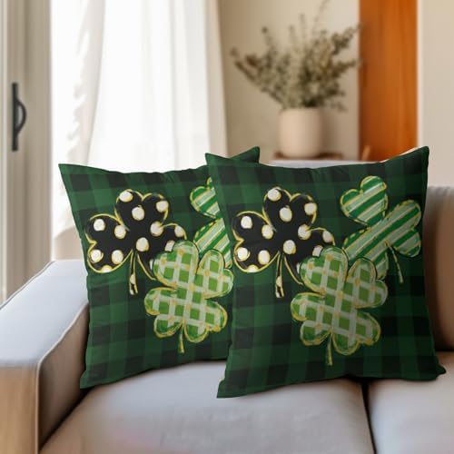 St Patricks Day Pillow Covers 20x20 Set of 2 Shamrock Clover Dark Green Throw Pillow Covers Spring Pillowcase Linen Farmhouse Decorative Buffalo Plaid Cushion Case Couch for Indoor Home Decor - Image 3