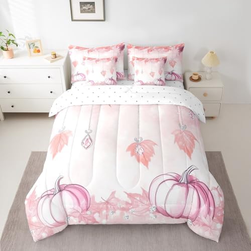 Erosebridal Pink Pumpkin King Bedding Set for Girls 7 Piece,Fall Maple Leaf Comforter Set for Kids Women Aesthetics Diamond Decor Bed in A Bag Girly Kawaii Autumn Theme Sheet Set with Comforter - Image 2