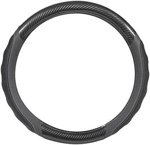 Motor Trend UltraSport Gray Carbon Fiber Steering Wheel Cover, Standard 15 inch Size, Black Faux Leather Comfort Grip, Car Steering Wheel Cover for Auto Truck Van SUV