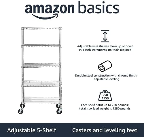 Amazon Basics 5-Shelf Adjustable, Heavy Duty Storage Shelving Unit on 4" Wheel Casters, Easy to Move Portable Wire Shelving, No Tools Needed for Easy Assembly, 30" x 14" x 64.8", Chrome - Image 2