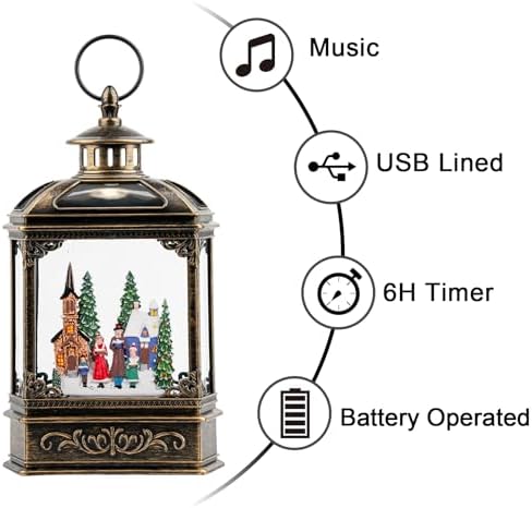 Christmas Snow Globe Lantern Water Glittering Town Home with Carolers, Music & Timer, USB Lined/Battery Operated Lighted Lantern for Christmas Festival Decoration Gifts - Image 5