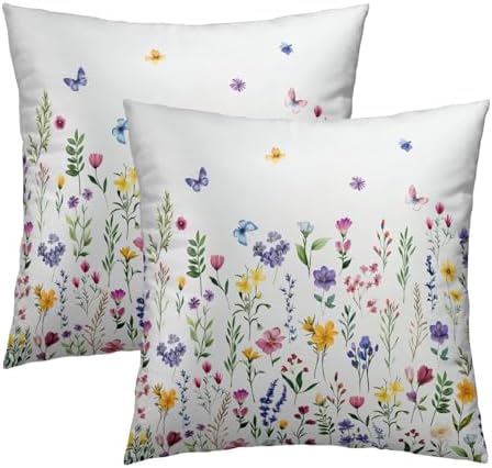 Spring Floral Throw Pillow Covers 22X22 Inches Set of 2 Watercolor Yellow Pink Purple Flowers Leaf Print Butterflies Pillowcase Soft Cotton Square Seasonal Cushion Covers for Living Room Sofa Decor by Sweetshow