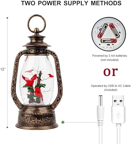 Christmas Snow Globe Lantern Water Glittering 12'' Cardinal with Music, USB Lined/Battery Operated Lighted Lantern for Christmas Festival Decoration Gifts - Image 5