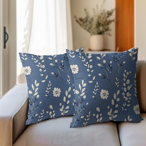 Spring Navy Blue Pillow Covers 22x22 Set of 2 Summer Throw Pillow Covers Rustic Floral Pillowcase Linen Decoration Farmhouse Soft Decorative Flower Cushion Case Couch for Indoor Outdoor Home Decor - Image 3