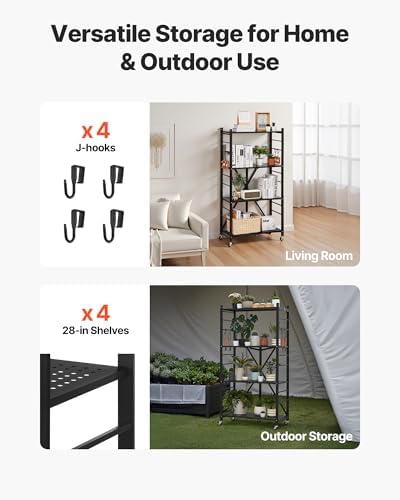 VEVOR 4-Tier Foldable Storage Shelf, 28W x 13D x 54H Inch Folding Metal Rack Shelving Unit, No Assembly Organizer Shelf with 5 Wheels & 4 Hooks for Pantry, Kitchen, Garage, Basement, Black - Image 7