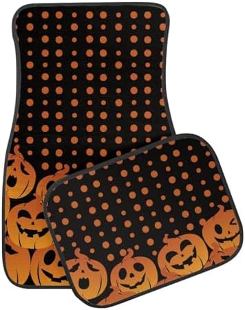 Black Yellow Polka Dot Pumpkin Print Funny Halloween Car Floor Mats 4 PCS, Cute Durable Interior Accessories for Car SUV, All Weather Floor Mats with Front Rear Trunk Liners Set for Party