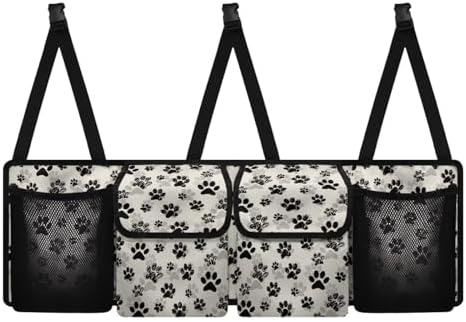 Dog Paw Print Car Trunk Organizer Foldable Auto Backseat Storage Bag with 4 Pockets Universal Hanging Auto Accessories Suitable Most Sedans SUVs Trucks Vans