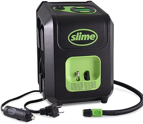 Slime 40052 Tire Inflator, Portable Car and Home Plug, SUV, 4x4 Air Compressor, Inflate Right automatic shut off, with Digital 99 psi Display, Dual Cord Storage, LED Light, 12V, 120V, 6 min inflation by Slime