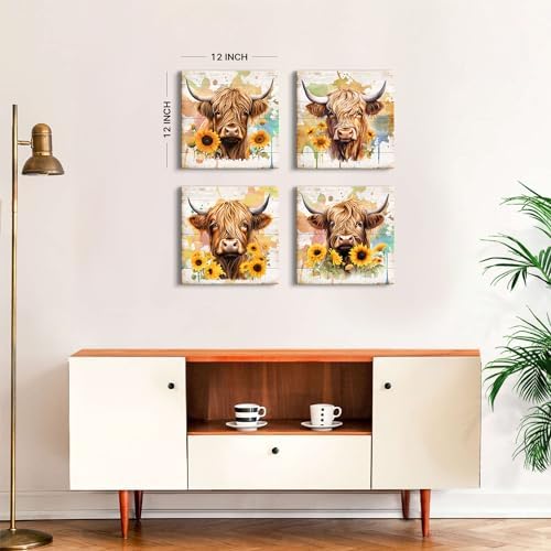 Highland Cow Wall Art Rustic Farmhouse Sunflower Canvas Pictures for Bathroom Kitchen Decor Watercolor Farm Animal Cattle Prints Painting Modern Artwork Bedroom Living Room Home Decorations 12x12” 4 - Image 5