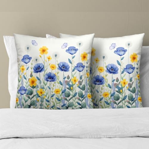 Sweetshow Spring Blue Yellow Flowers Throw Pillow Covers 16X16 Inches Set of 2 Poppy Floral Butterflies Pillowcase Soft Cotton Square Seasonal Cushion Covers for Living Room Sofa Bedroom Decor - Image 3