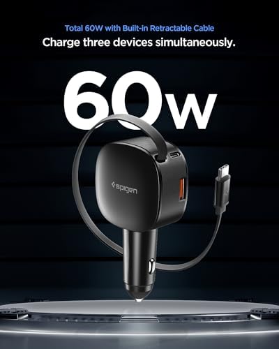 Spigen 3-in-1 60W Retractable USB C Car Charger, Support Fast USB C & USB A