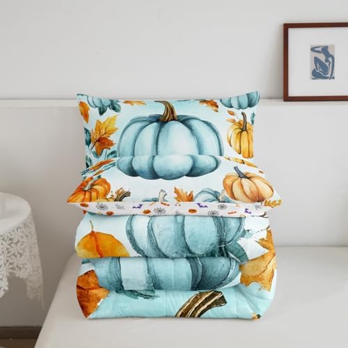 Erosebridal Kids Fall Pumpkin Bedding Twin for Teenagers Girls Boys, Blue Pumpkin Decor Comforter Set Autumn Leaves Bedding Comforter Sets 2 Pieces, Rustic Farmhouse Quilt with 1 Pillowcase - Image 4