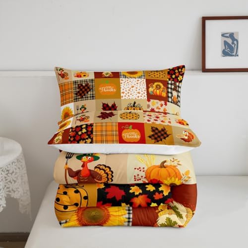 Homewish Fall Pumpkin Grid Comforter Set Rustic Farmhouse Maple Leaf Sunflower Bedding Set Thanksgiving Turkey Quilt Set Kids Boys Girls Adult Room Decor Vintage Brown Yellow Duvet Insert Twin Size - Image 5
