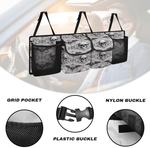 Hanging Car Trunk Organizer Halloween Skull Damask Bat Print Car Back Seat Storage Bag Auto Cargo Bag Collapsible Auto Interior Accessories for Sedans SUV Jeep Trucks MPV Van