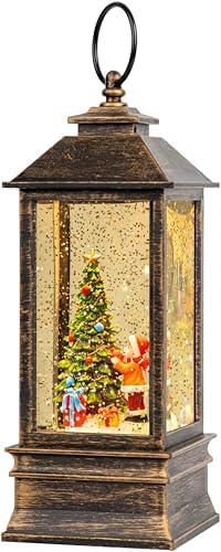 Christmas Snow Globe Lantern Water Glittering Christmas Tree Gifts with Music & Timer, USB Lined/Battery Operated Lighted Lantern for Christmas Festival Decorations by Qualdout