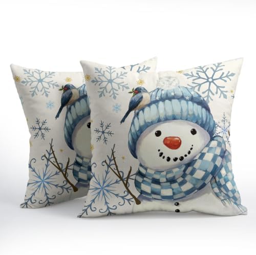 Christmas Blue Throw Pillow Covers 20x20 Set of 2 Winter Snowman Bird - Image 3