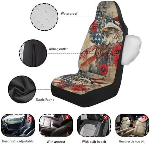 Bulopur Retro Floral Eagle American Flag Front Car Seat Covers Waterproof Universal Vehicle Seat Covers with Side Airbag Easy Install Auto Cushions Cover Compatible with SUV Truck Van Sedans
