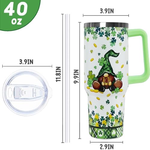 St Patricks Day Tumbler with Handle 40 oz Lucky Gnomes Shamrock Coffee Travel Mug Stainless Steel Insulated Cup Irish Saint Patricks Decor Gifts - Image 3