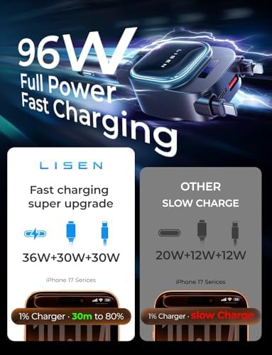 LISEN 96W 4 in 1 Retractable Car Charger with USB C & Lightning Cable for iPhone 17 Pro Max 16 15 14 13 12, Samsung Galaxy S25 S24, Android - Fast Charging Cigarette Lighter Adapter