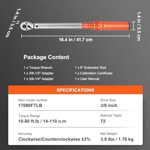 VEVOR Torque Wrench 3/8-inch Drive 10-80ft.lb/14-110n.m Click Torque Wrench - Image 7