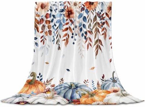 DecorLovee Orange Blue Pumpkins Fall Blanket 60"x80", Reversible Thanksgiving Throw Blanket for Couch/Bed, Floral Botanical Lightweight Soft Throw Blankets for Men, Warm Fuzzy Blankets for Winter by DecorLovee