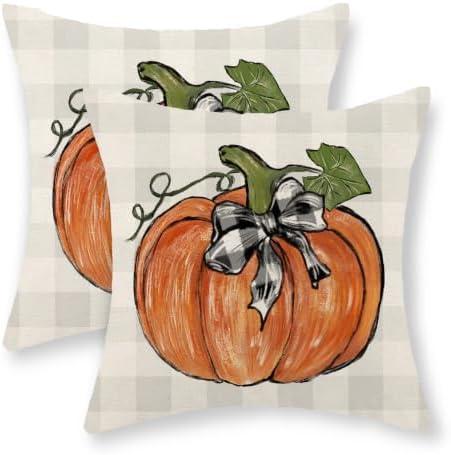 Fall Orange Pumpkin Pillow Covers 18x18 Set of 2 Grey Buffalo Plaid by Gohdiwh