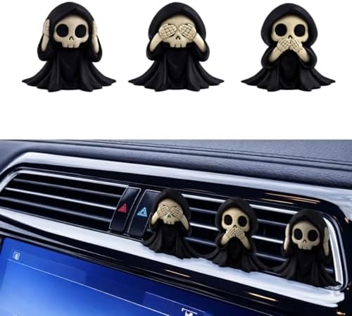 GENANY 3D Resin 3 Pack Grim Reaper Car Vent Clip Air Freshener, Resin Automotive Freshener Set with Gothic Skull Hooded Designs, Horror-themed Accessories and Creepy Auto Decor for Gothic Fans