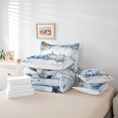 Erosebridal Fall Blue Pumpkin Bedding Set Watercolor Maple Eucalyptus - Image 6