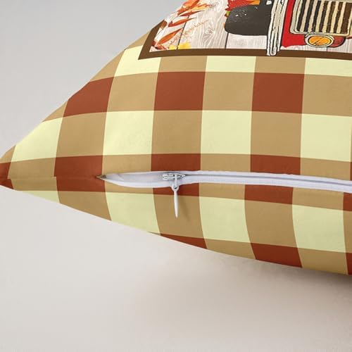 Autumn Truck Reversible Print Pillow Covers 18"x18" Pack of 2,Rustic Maple Leaves Pumpkin Cute Puppy Dog Throw Cushion Covers,Thanksgiving Day Retro Brown Plaids Patchwork Pillow Covers - Image 5