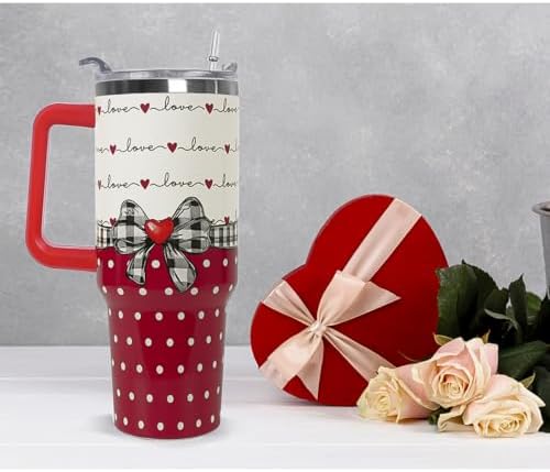 Valentines Tumbler with Handle 40 oz Red Bow Gifts Love Hearts Coffee Travel Mug Stainless Steel Insulated Cup Valentines Anniversary Wedding Birthday Gifts for Women - Image 7