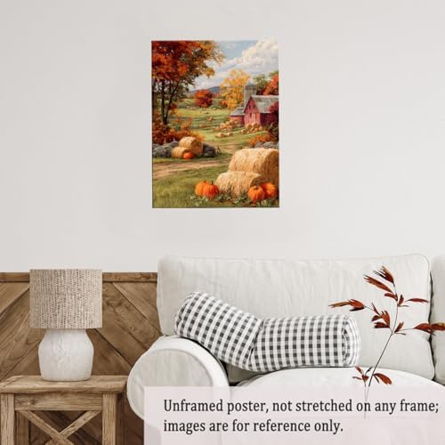Autumn Farmhouse Wall Art – Rustic Red Barn Landscape with Pumpkins, Fall Harvest Canvas Print for Country Living Room or Seasonal Decor Display 20x30in Unframed - Image 4