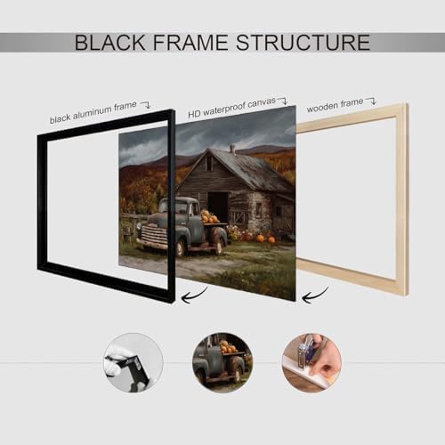 Vintage Truck with Pumpkins Wall Art – Rustic Fall Barn Landscape Canvas,Country Farmhouse Poster for Thanksgiving Entryway or Autumn Living Room Decor 16x20in Black aluminum frame - Image 3