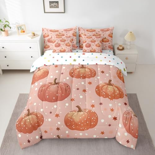 Erosebridal Autumn Full Comforter Set 7 Piece Fall Pumpkin Bedding Sets for Kids Girls Adults Women,Boho Stars Bed in A Bag Vintage Pumpkins Sheet Set with Comforter,Pillow Casea,Pillow Covers - Image 2