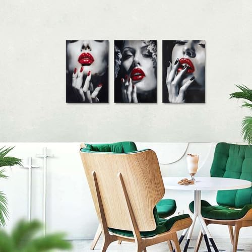 American Girl Canvas Wall Art Living Room Modern Abstract Women Red Lips Canvas Painting Fashion Female Framed Artwork Black and White Wall Decor for Woman Bedroom Bathroom Decoration 16x24 x3P - Image 5