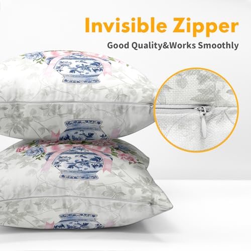 Chinoiserie Pillow Covers 18x18 Inch Set of 2, Floral Throw Pillow Covers Blue Pink White Pillowcase, Grandmillennial Decorative Seasonal Spring Summer Cushion Case Couch for Indoor Outdoor Home Decor - Image 5