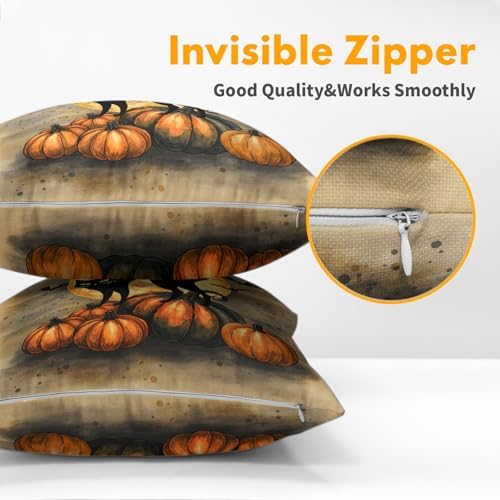 Halloween Throw Pillow Covers 18x18 Set of 2 Black Cat Bats Pillow Covers Pumpkins Full Moon Spooky Pillowcase for Kitchen Sofa Outdoor Cushion Couch Watercolor Bedroom Living Room Decoration - Image 5
