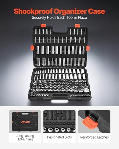 VEVOR Socket Set, 163 Pieces, 3/8 & 1/4 & 1/2 inch Drive Socket Tool Set, SAE and Metric, Deep and Standard, Mechanic Tool Kit with Storage Case, Chrome Plated CR-V Alloy Steel, for Automotive Repair - Image 5
