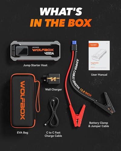 WOLFBOX 4000A Jump Starter,12V Car Battery Jumper Starter Portable with 65W Quick Charger,LED Display,88.8Wh Booster Jump Box Pack (10L Gas 10L Diesel Engine) with LED Light,Jumper Cables, MV24 - Image 6